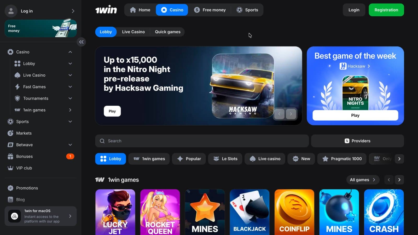 1win Casino homepage with slots, live casino games and promotion
