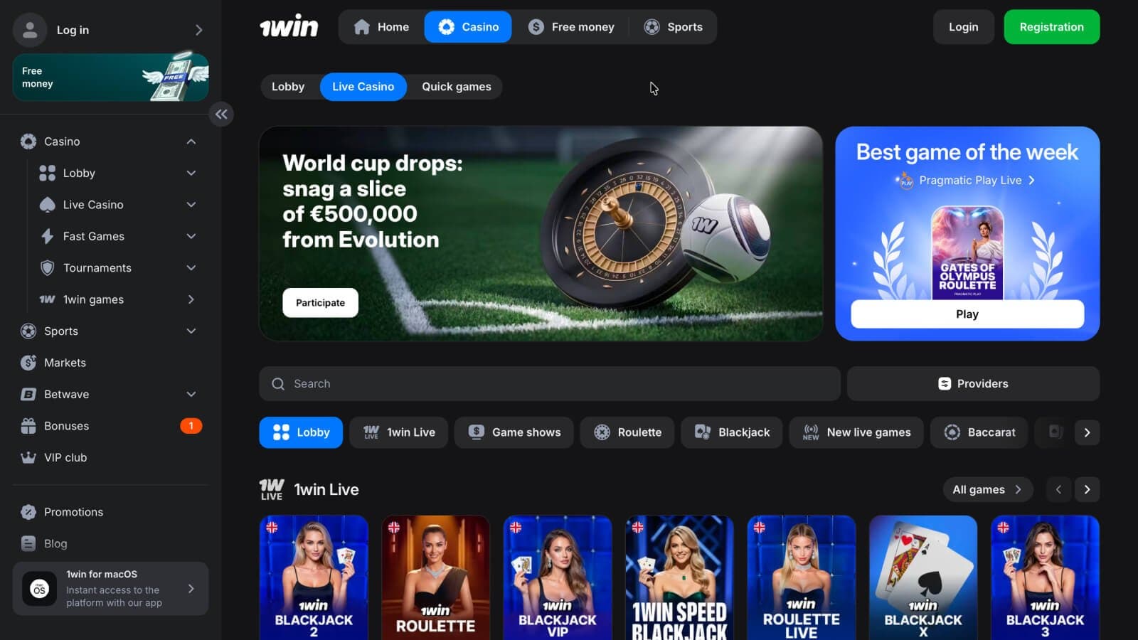 Live casino section with blackjack, roulette and Crazy Time