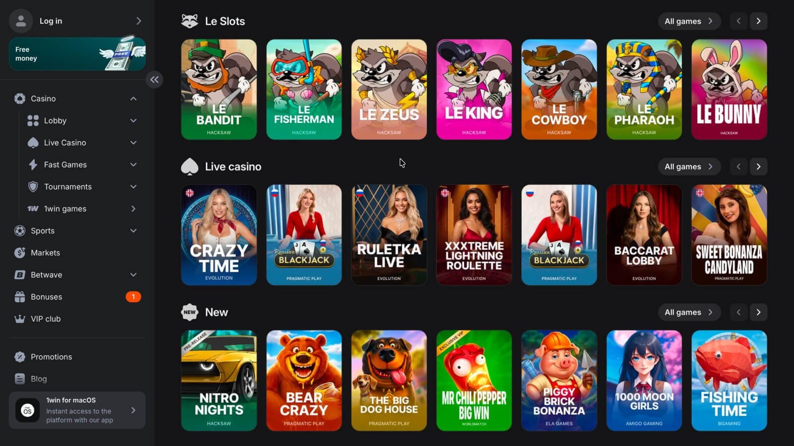 Slots, live casino and new games available at 1win Casino