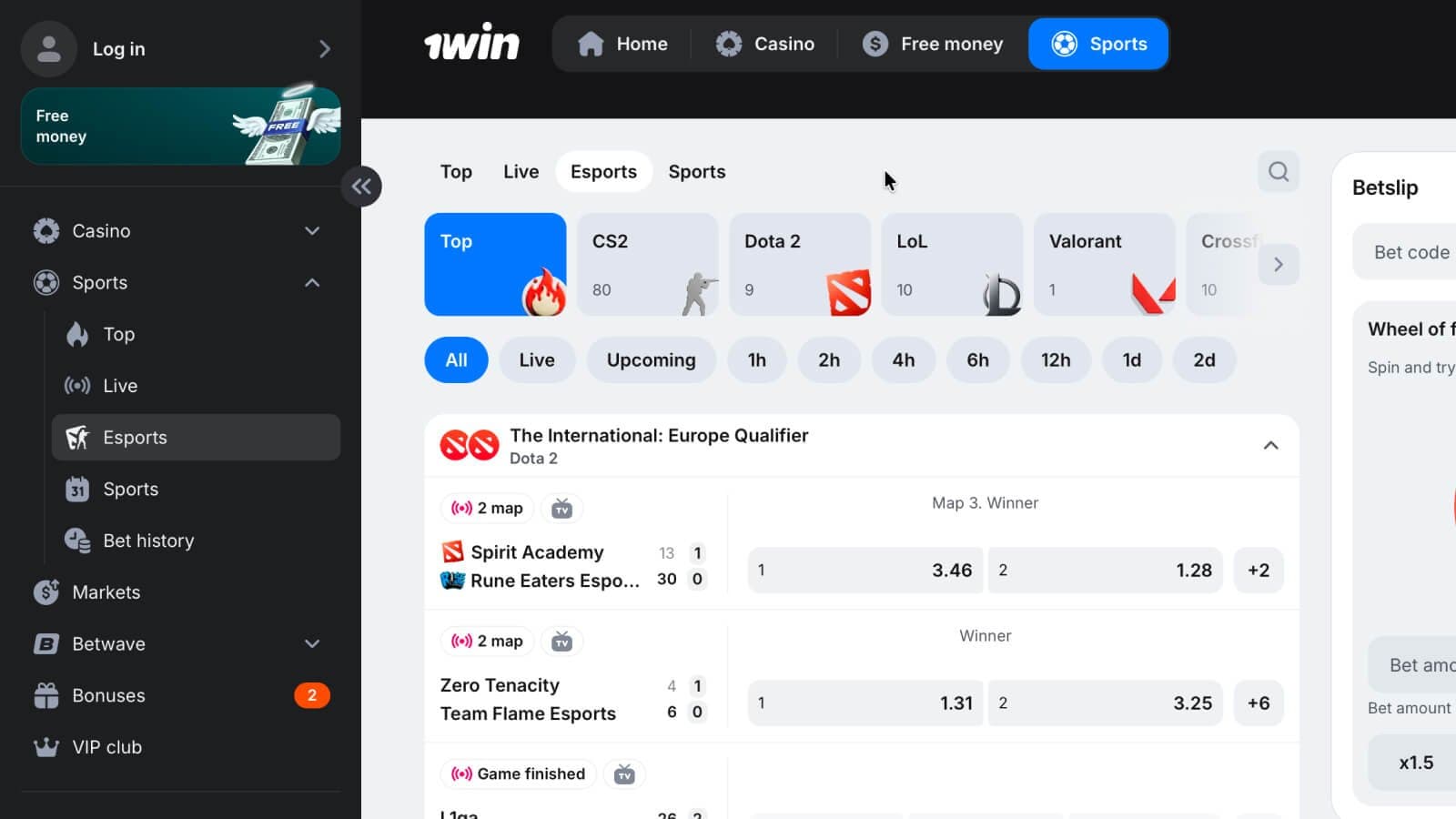 1win Sport esports betting page featuring live tournament market