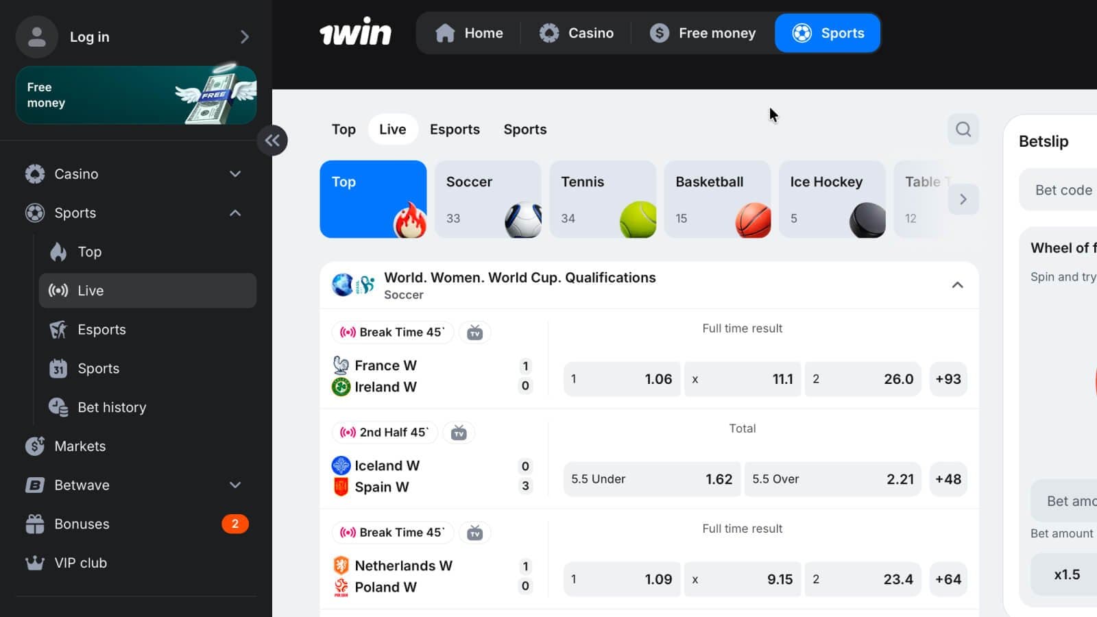1win Sport live betting page with real-time football matches and