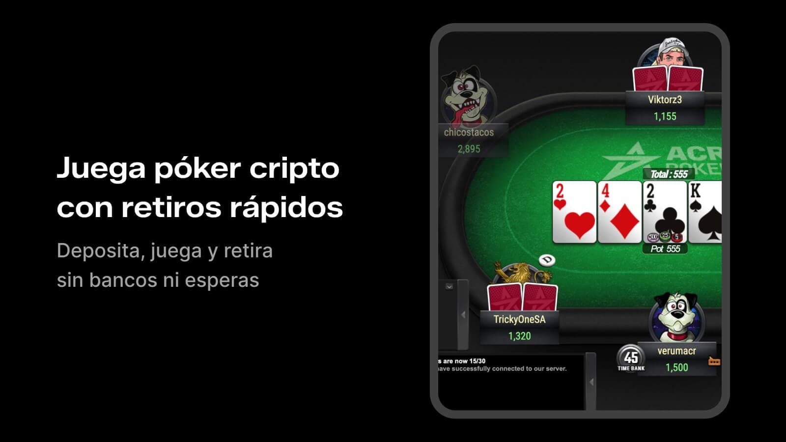 Mesa de ACR Poker con juego cripto y dinero real