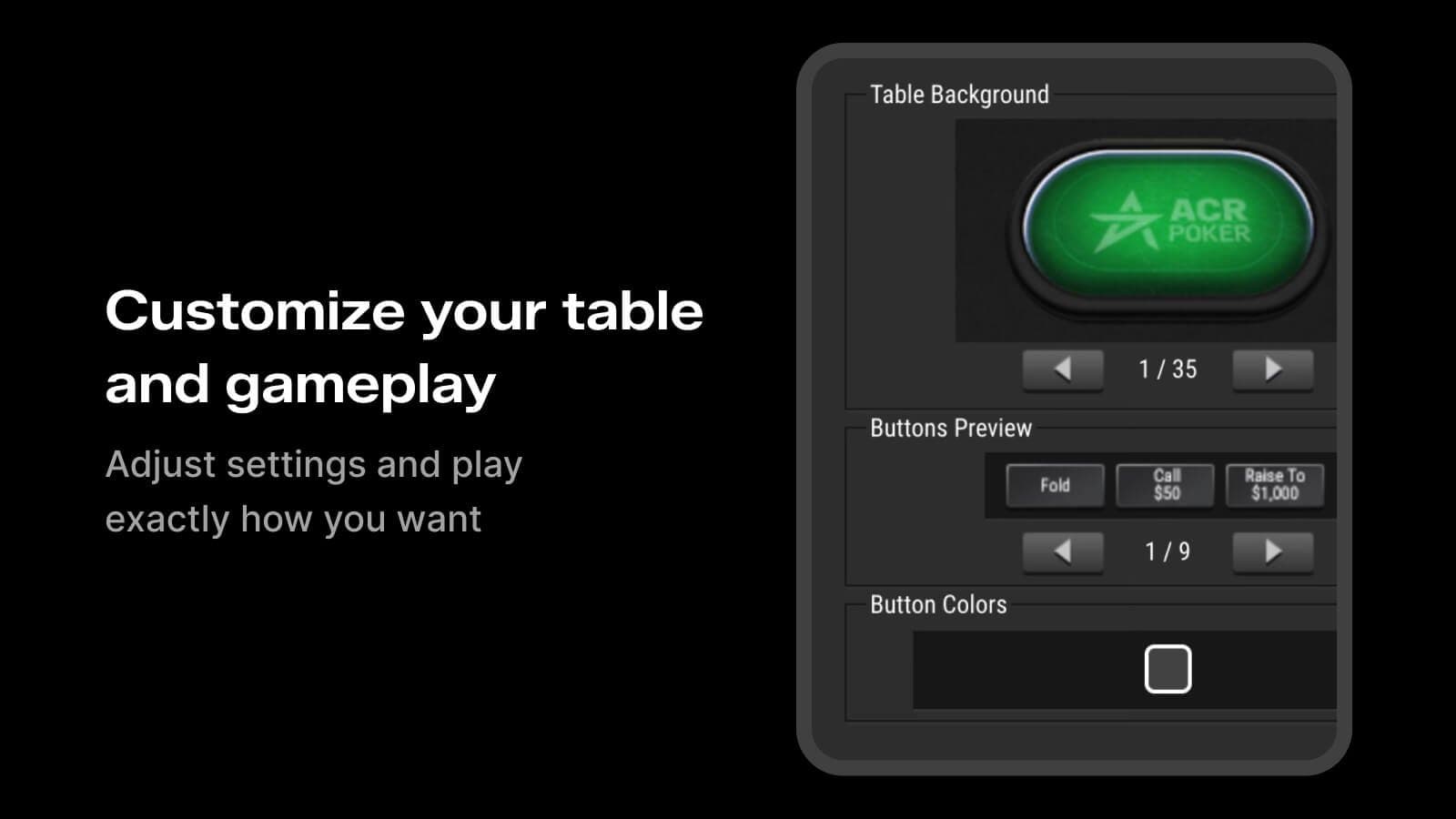 ACR Poker table settings and customization options interface