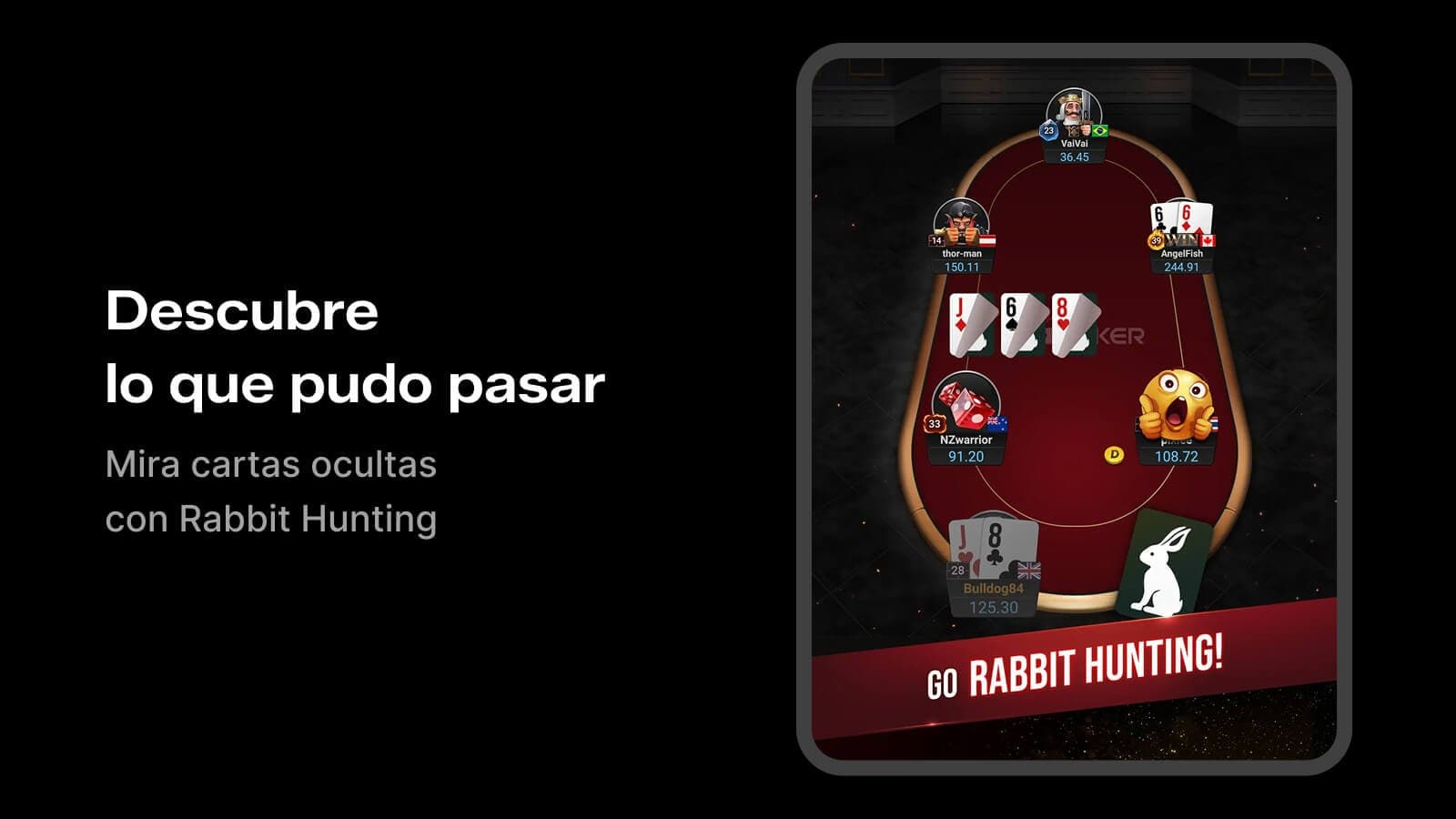 Rabbit Hunting de GGPoker mostrando cartas ocultas