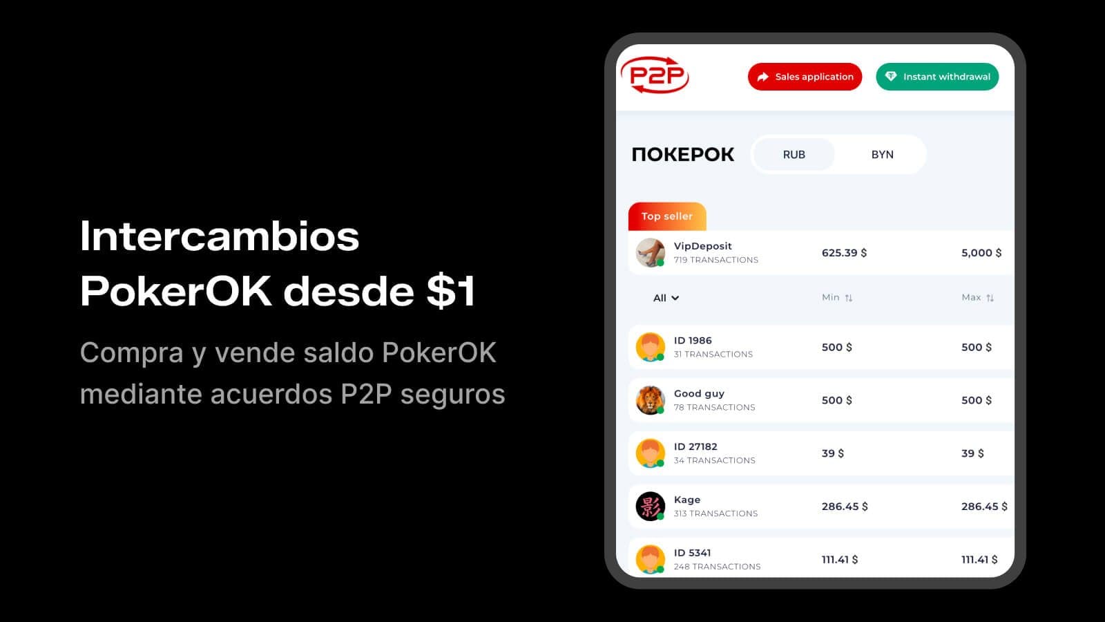 Página principal del mercado de intercambio PokerOK P2Pobmen