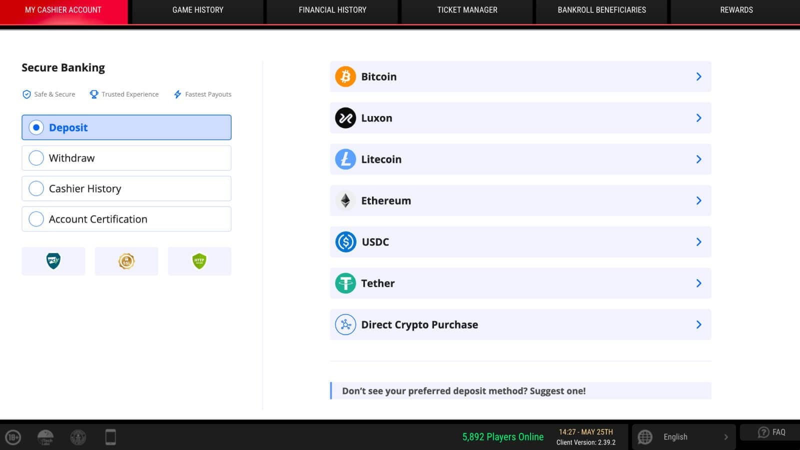 PokerKing crypto deposit methods and cashier screen