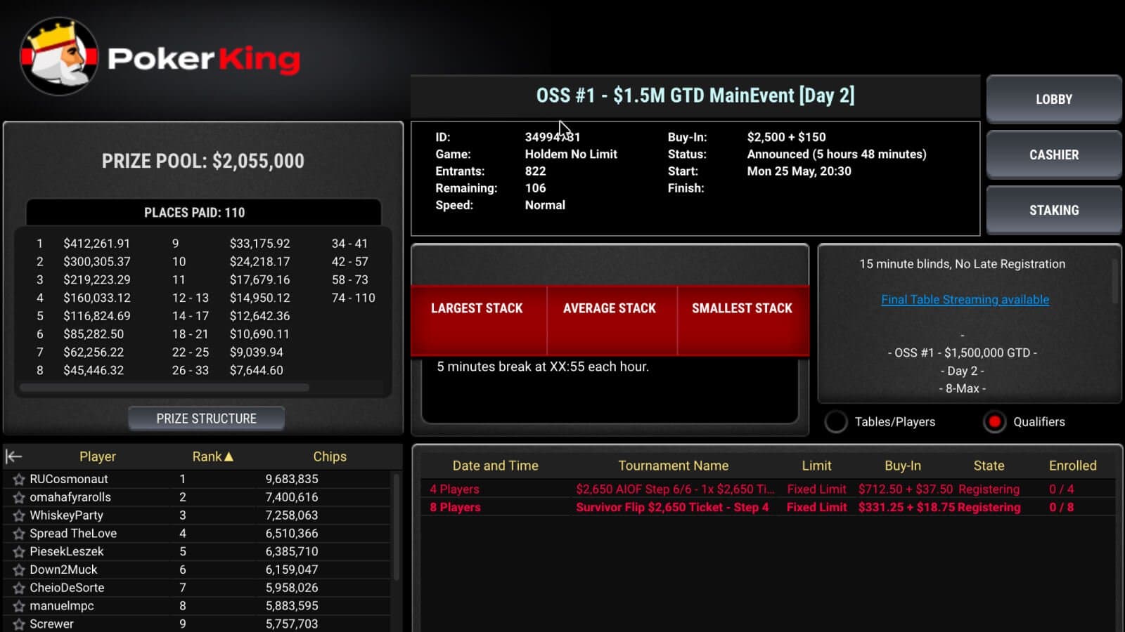 PokerKing tournament details and prize pool screen