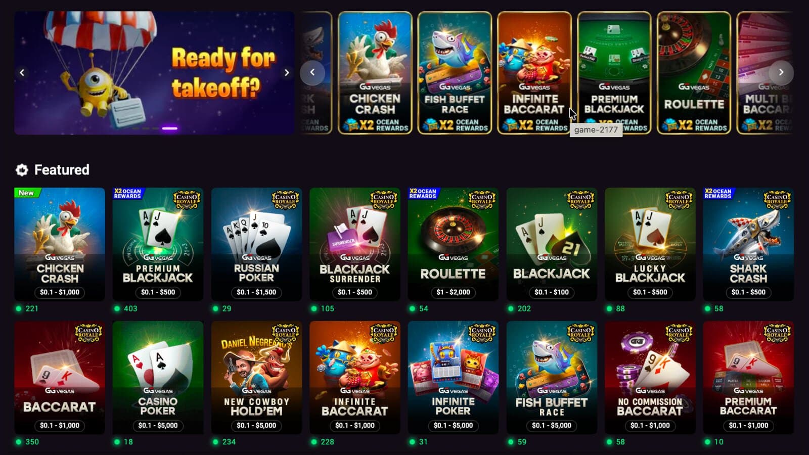 PokerOK Casino featured table and crash games