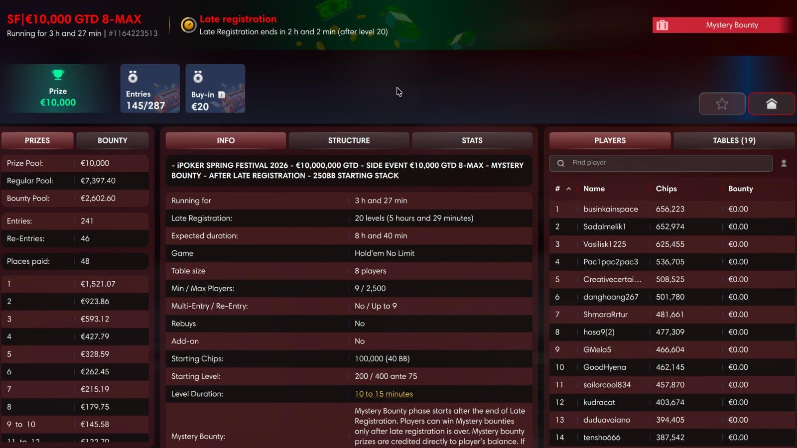 RedStar Poker tournament lobby with Mystery Bounty event